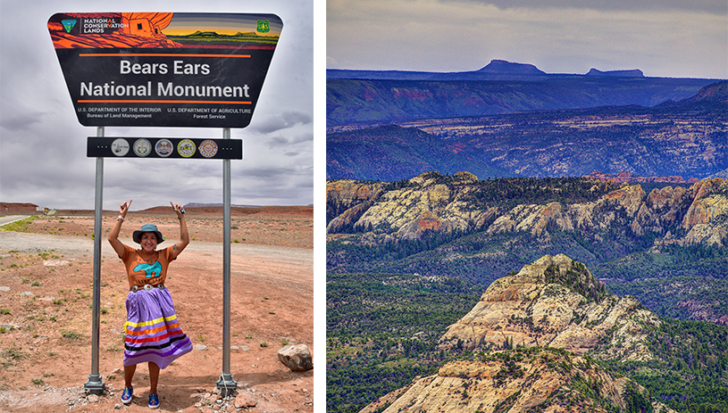 Charissa at the Bears Ears National Monument sign unveiling, and the Bears Ears Buttes. PHOTOS BY TIM PETERSON