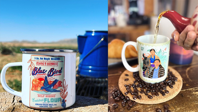 Sasha Begay's beautiful Blue Bird and stamp mugs. Photos courtesy of Change Labs