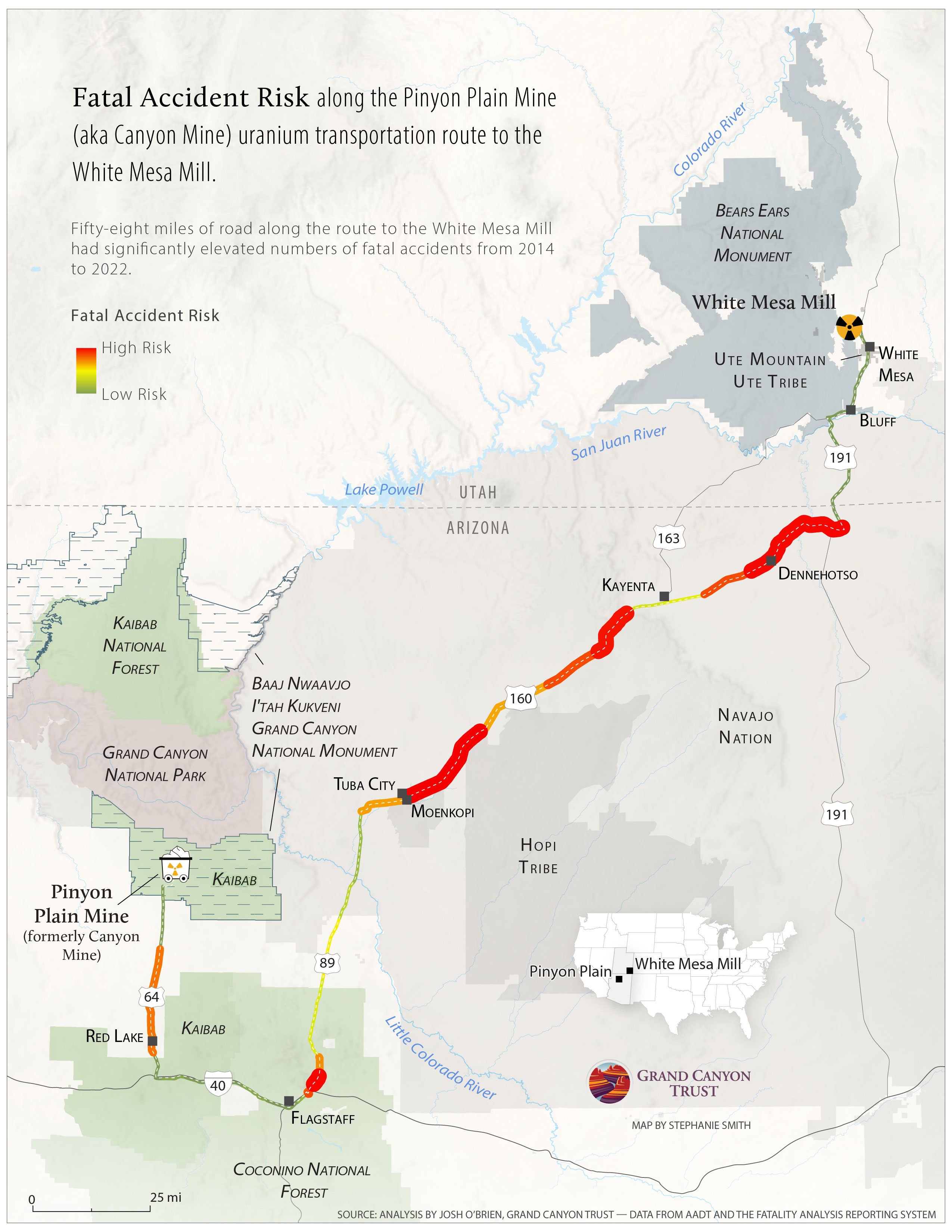 Fatal Accident Risk along Pinyon Plain Haul Route Map. Map by Stephanie Smith, data analysis by Josh O'Brien