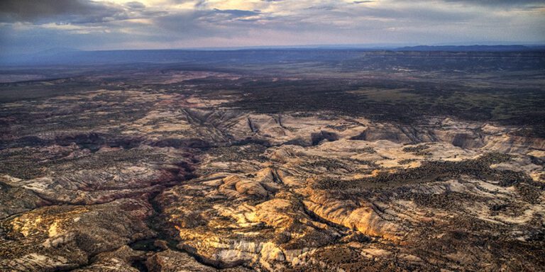 Aerial view of Death Hollow in Grand Staircase Escalante National Monument, tan canyons studded with pinyon and juniper trees