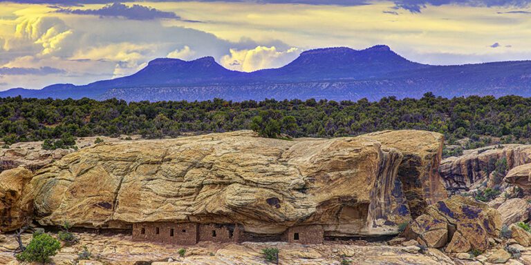 The citadel rock structure inside a narrow opening in a cliff with a band of green forest behind it and the bears ears buttes looking purple in the light in the distance