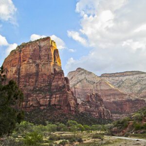 Large red stone cliff rises from a green canyon bottom. Angel's Landing catches early morning sunlight. Observation Point is on top of the white promontory immediately to the left of Angel's Landing. The trail to Observation Point zigzags up the right side of the flat topped plateau and along the base of the red mesa.