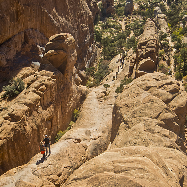 Hikers look like tiny ants on a sandstone ridge.