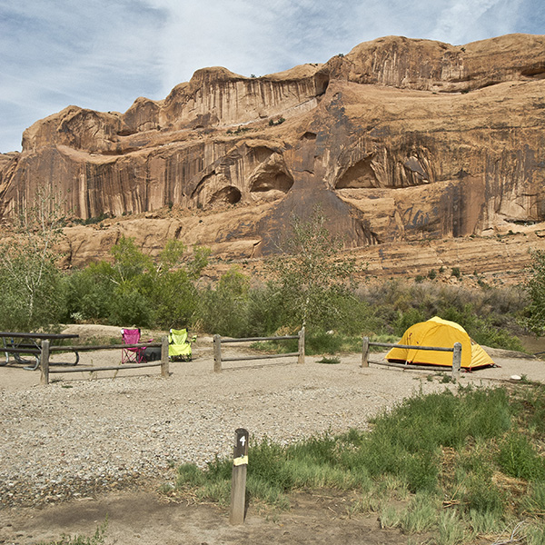 An orange tent in a campsite at King's Bottom Campground