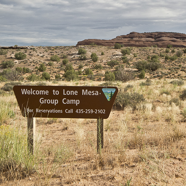 Brown Bureau of Land Management sign that says "Welcome to Lone Mesa Group Camp"