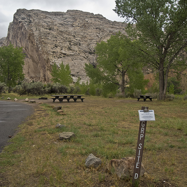 Group site D, with picnic tables and views of sandstone cliffs