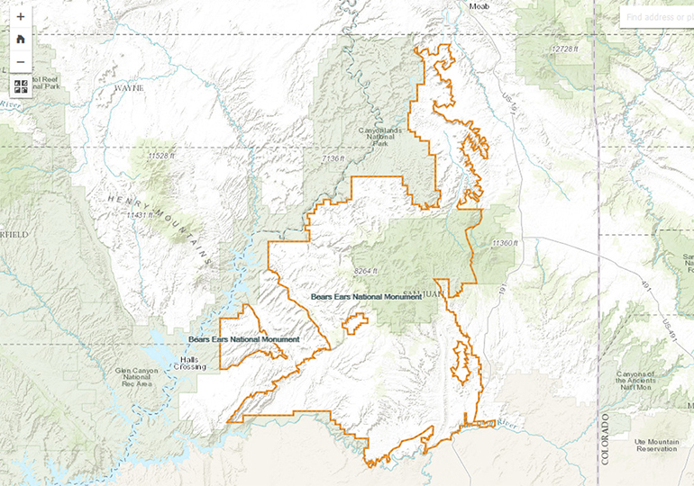 Map of bears ears national monument, the monument is an orange outline against a green and white background