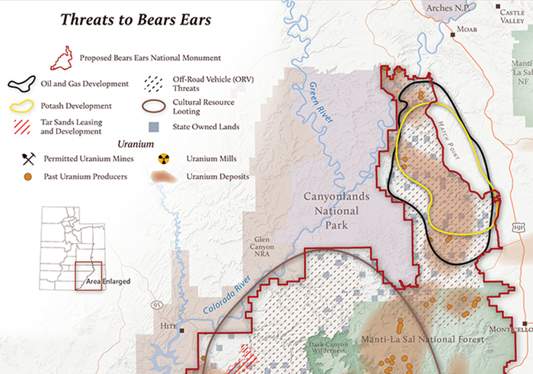 Map of threats to bears ears national monument including oil and gas