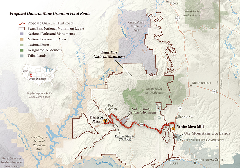 A map of the haul route for Daneros Mine through Bears Ears National Monument