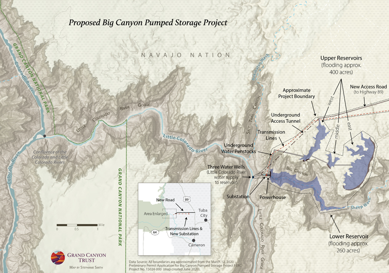 Map of the proposed Big Canyon dam project showing Big Canyon, the little Colorado River, the gorge, and where dams and reservoirs would go