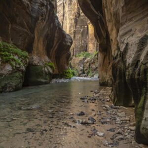 The Zion Narrows, a tight-walled canyon with the clear Virgin River running through