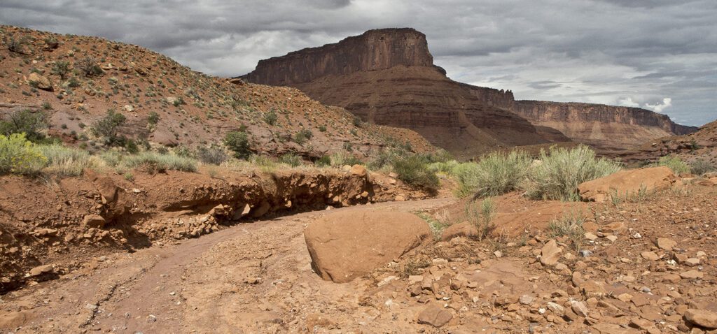 A dry wash snakes through red hills