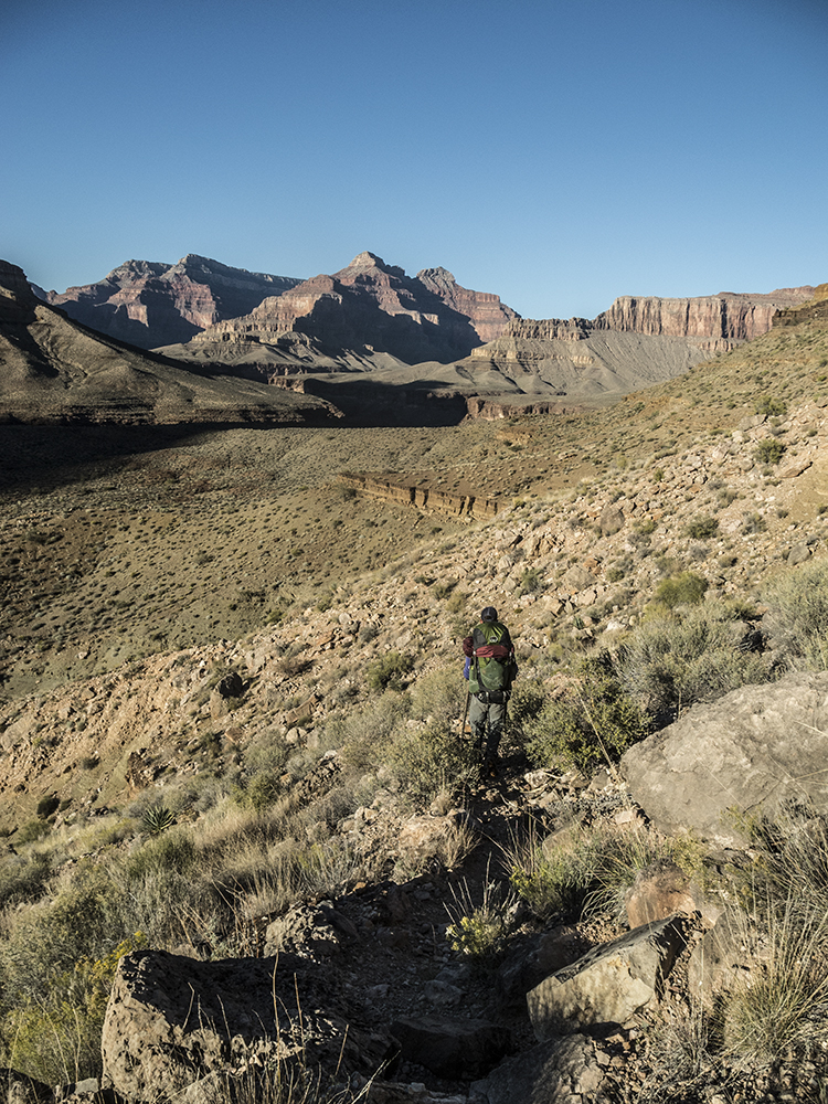 A hiker cross the flat Tonto platform on the Boucher Trail