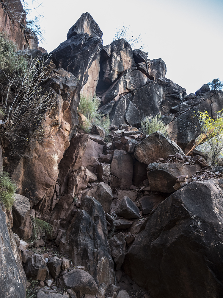 A view of the steep, blocky descent through the Redwall Limestone