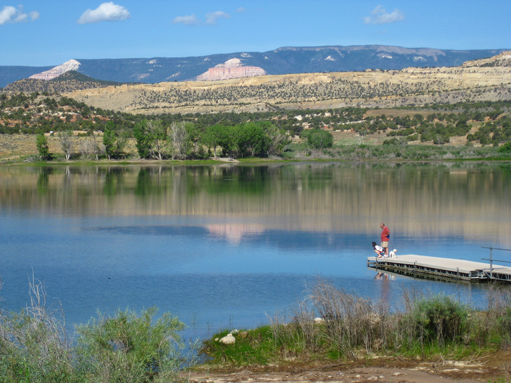 a person on the dock at Wide Bottom Reservoir