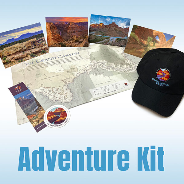 The contents of the adventure kit: black hat with Grand Canyon Trust logo, map of grand canyon, bookmark, sticker of grand canyon logo, plus four scenic notecards