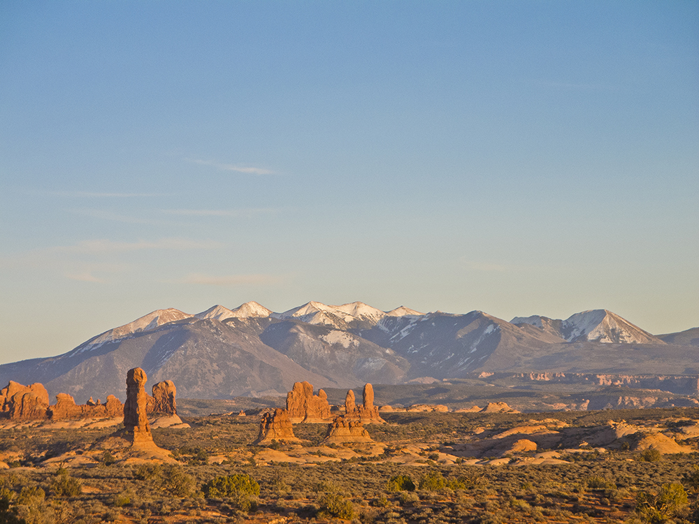 Sandstone towers with La Sal Mountains behind