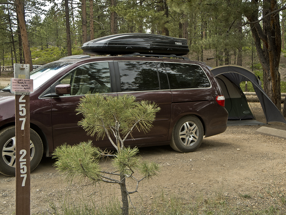 A maroon minivan with its trunk popped at site 257