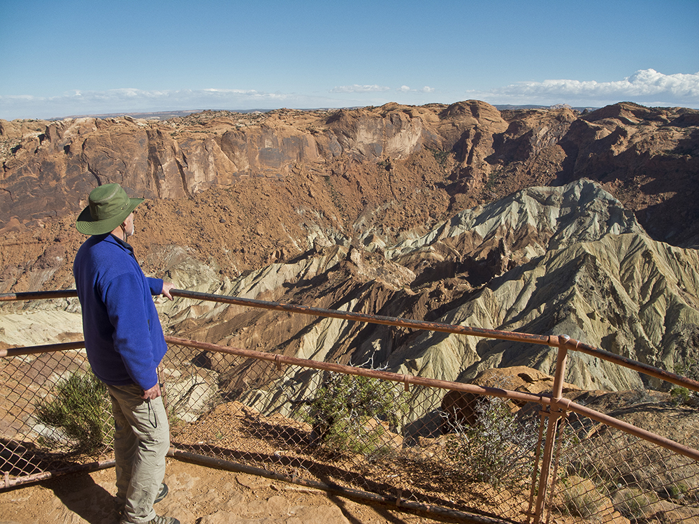 A man in a blue coat stands at the fenced overlook