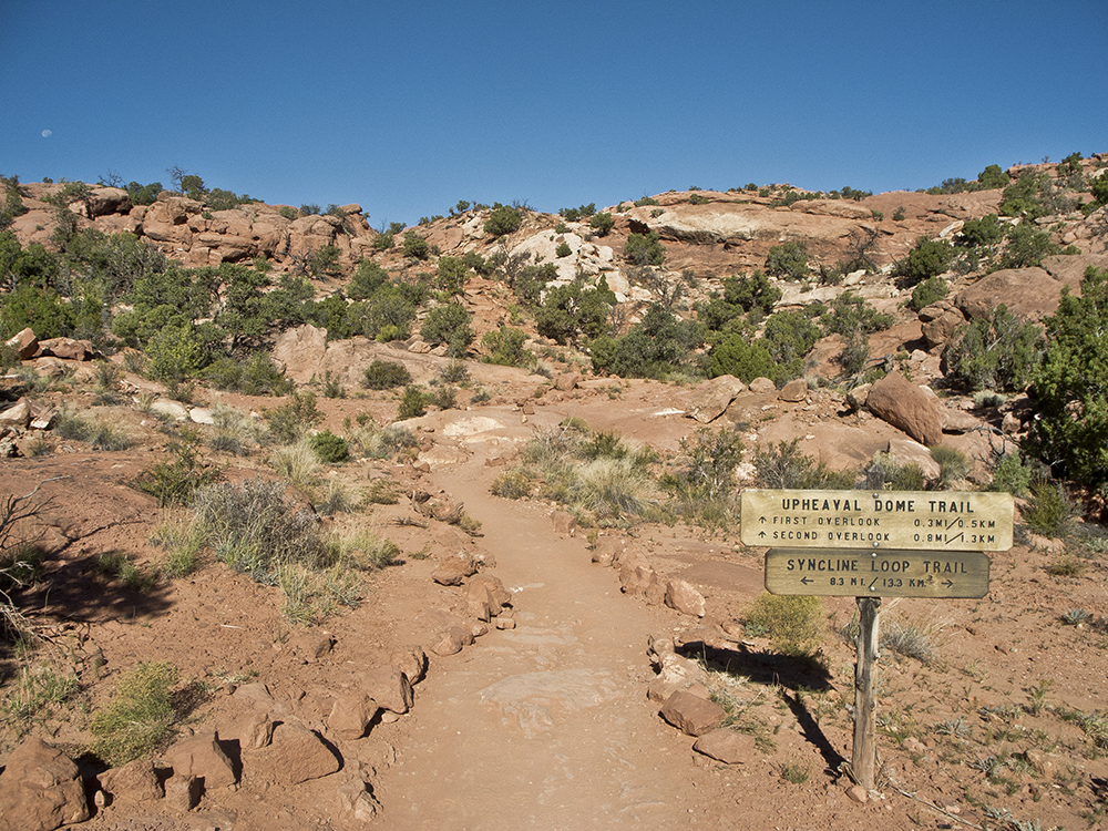 A trail sign along the trail, lined with rocks