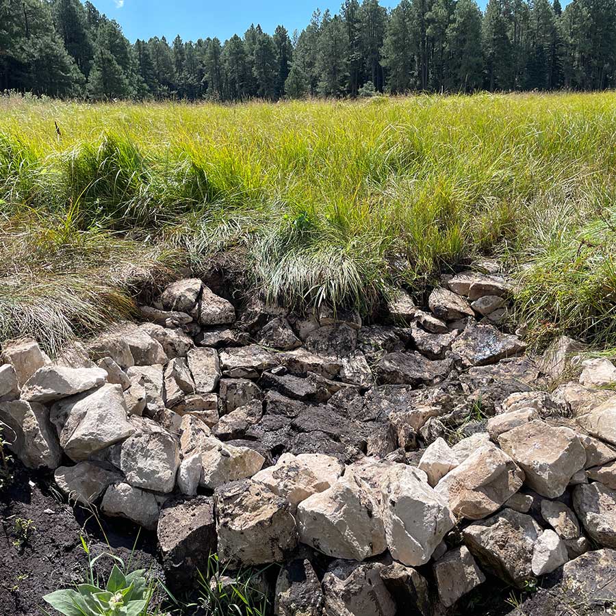 Rocks stacked in a wall help slow the spread of water