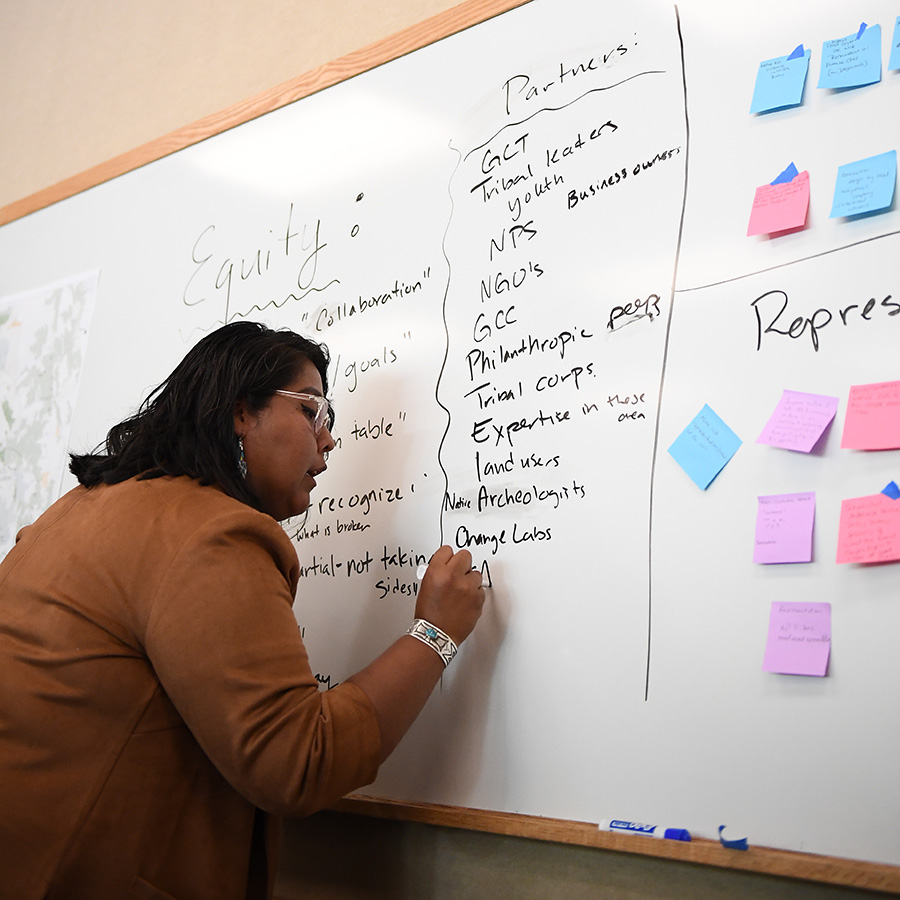 Amber Benally writes on a white board during an economic summit at Grand Canyon National Park.