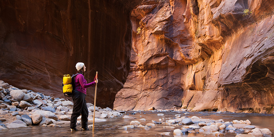 Hiker with walking stick walking in stream bed in Zion Narrows