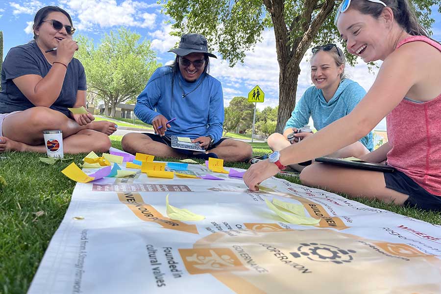 Students sit around a poster in the grass for a sticky note activity.