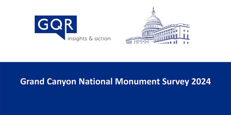 Blue and white cover page of poll results that reads Grand Canyon National Monument Survey 2024 with GQR logo and image of the U.S. capitol building