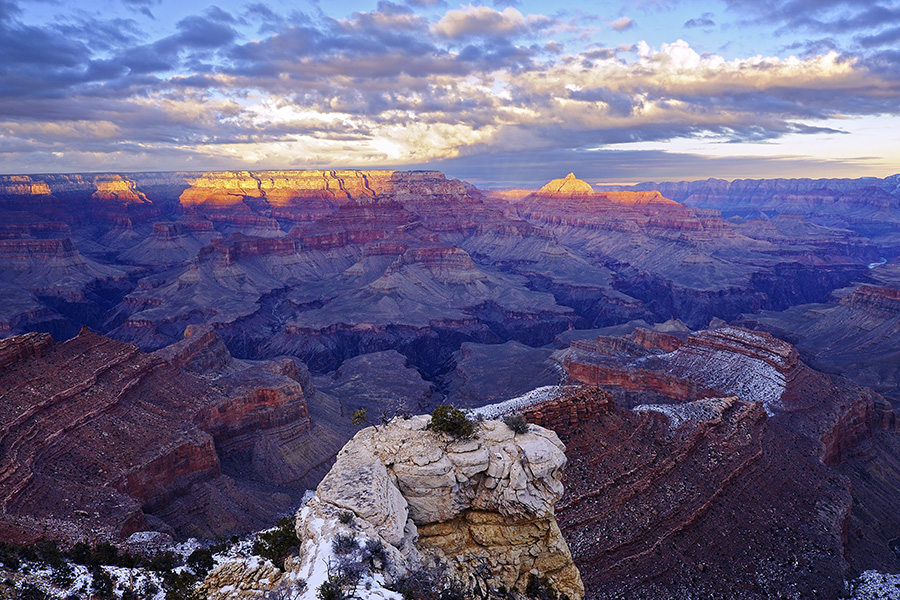 Sunset light kisses the rim of The Grand Canyon at Shoshone Point, on the Grand Canyon's south rim.