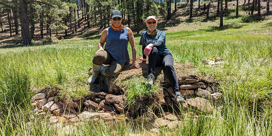 Two people sitting on a rock structure surrounded by grass and trees in a sunny outdoor setting.